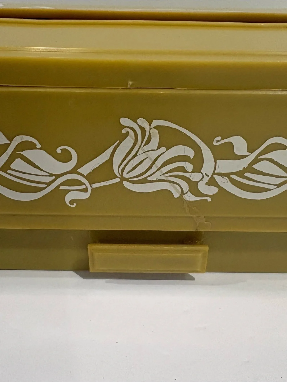 Vintage MCM Yellow Plastic Tissue Box Cover White Flowers With Drawer 70s Retro